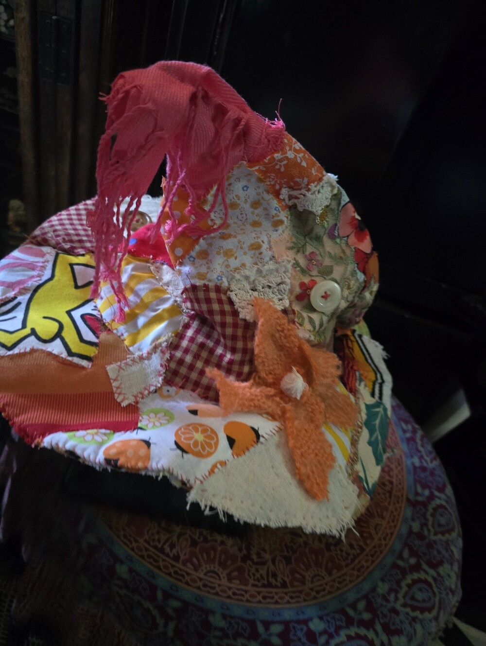 Patchwork Boho Witch Hat in Oranges, Pinks, And Whites. Halloween. Samhain.